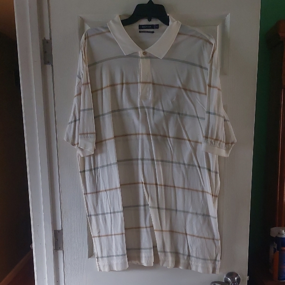 Nautica Cream and Tan Striped Polo